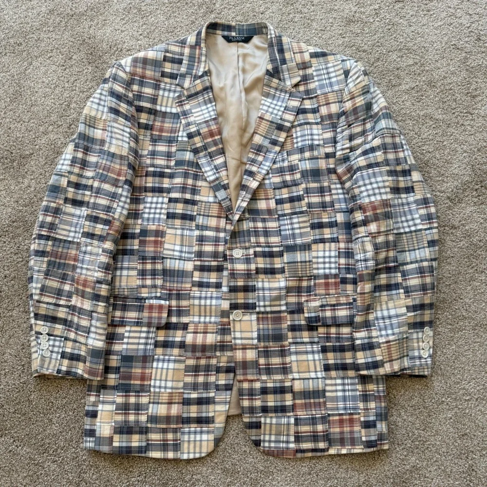 Jos A Bank Sport Coat Mens 46L Multicolor Patchwork Plaid Cotton Blazer